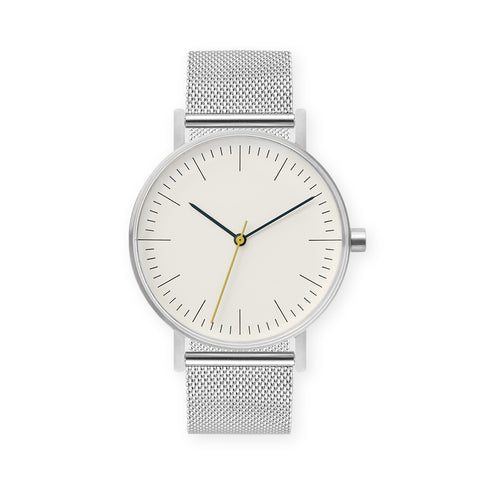 B001 Watch, Silver Case, Off White Dial, Stainless Steel Mesh Strap
