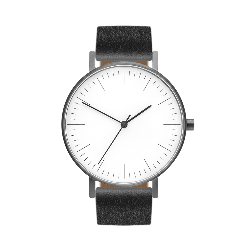 B001 Watch, Gunmetal Case, White Dial, Leather Strap - Black