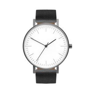 B001 Watch, Gunmetal Case, White Dial, Leather Strap - Black - BIJOUONE