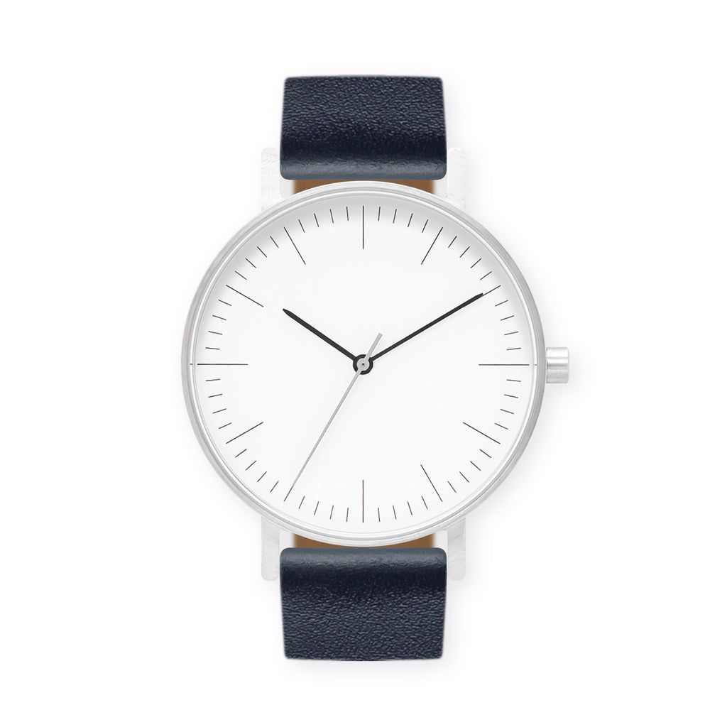 B001 Watch, Silver Case, White Dial, Leather Strap - Navy