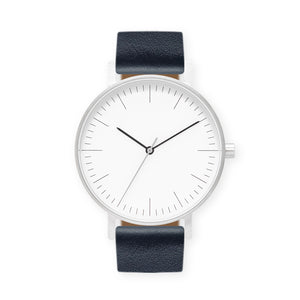 B001 Watch, Silver Case, White Dial, Leather Strap - Navy - BIJOUONE