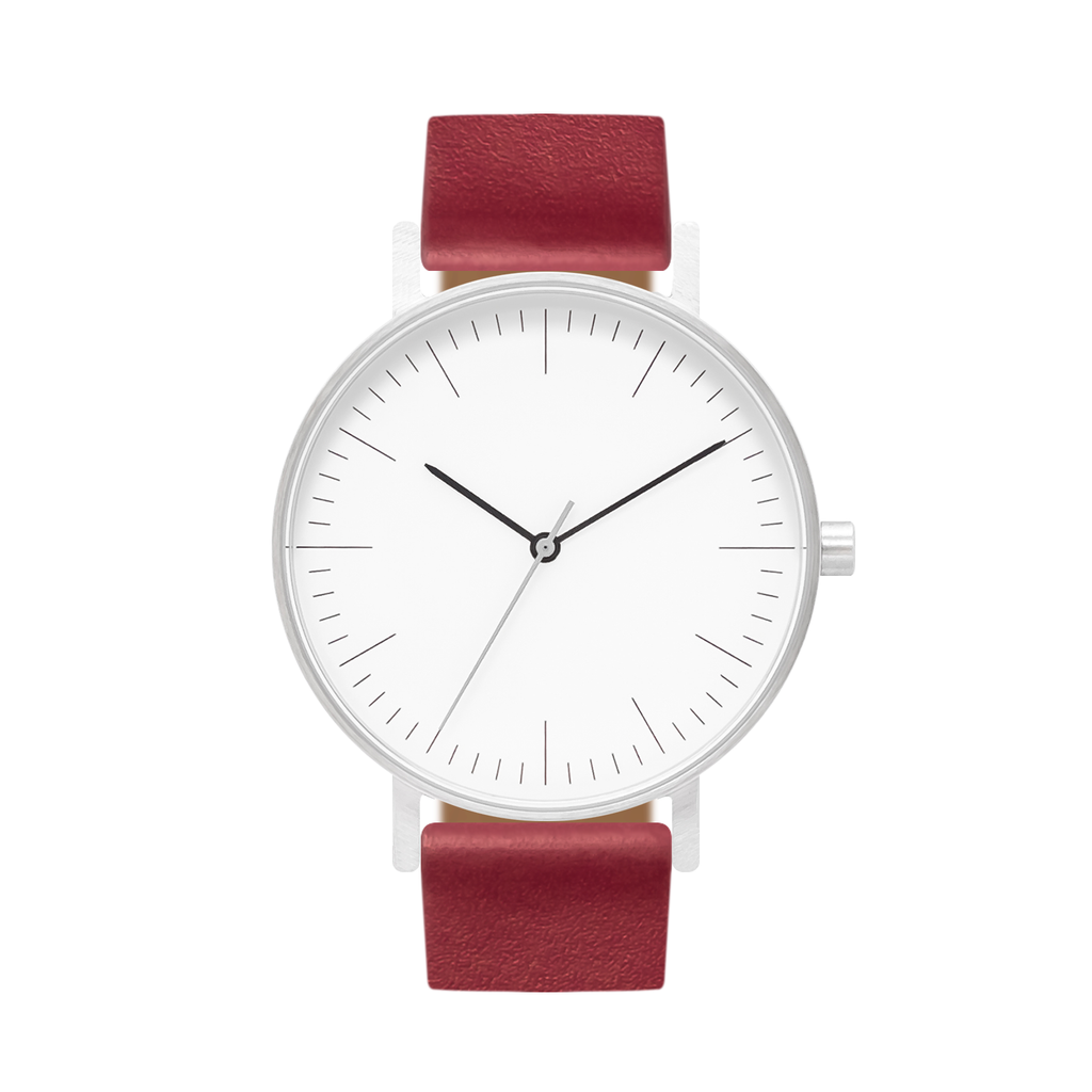 B001 Watch, Silver Case, White Dial, Leather Strap - Red