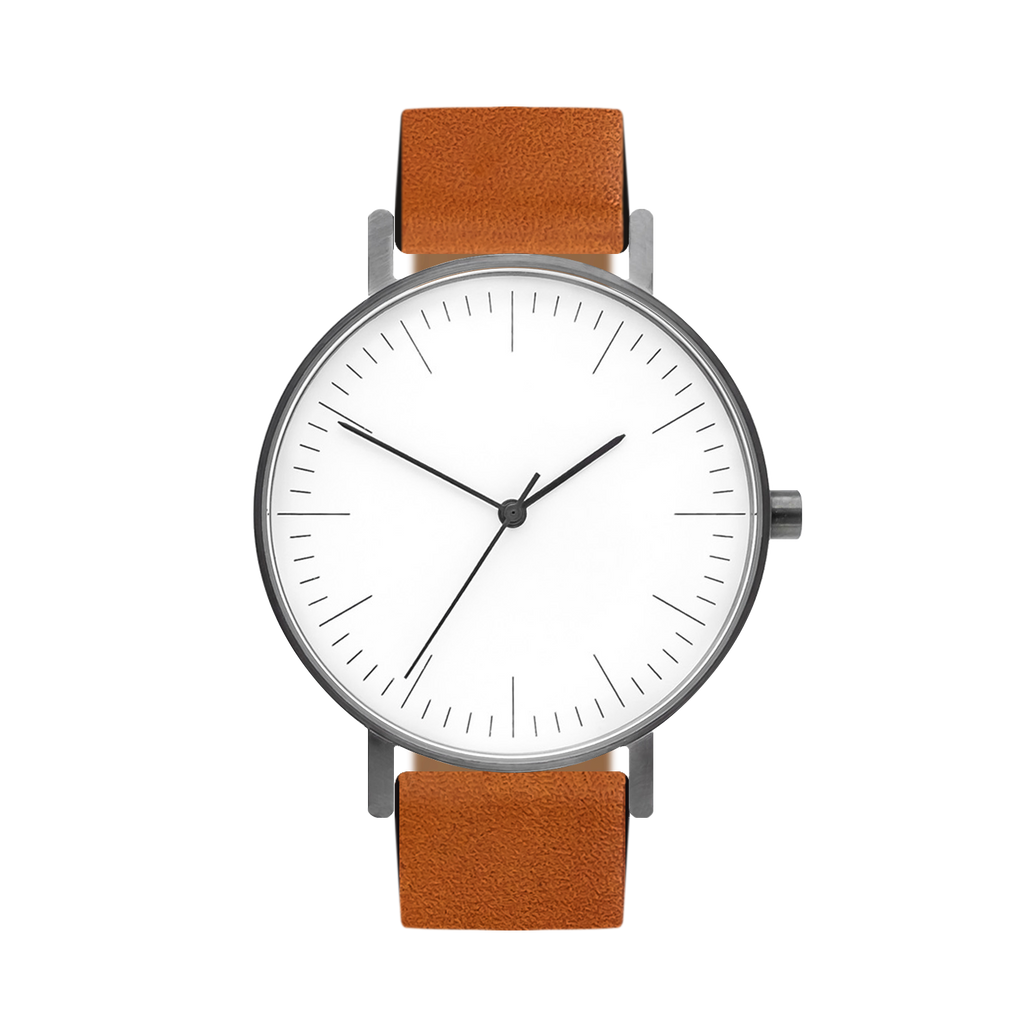 B001 Watch, Gunmetal Case, White Dial, Leather Strap - Tan