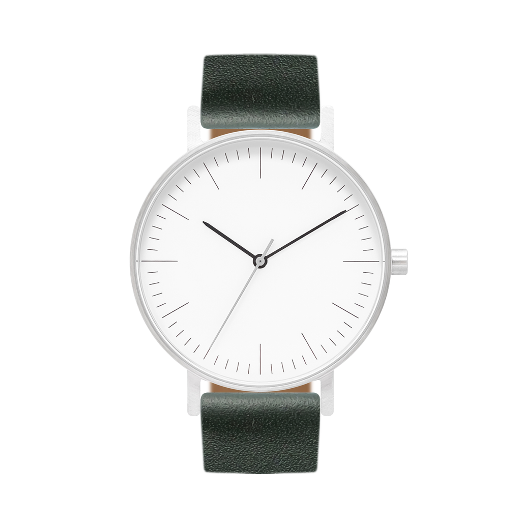 B001 Watch, Silver Case, White Dial, Leather Strap - Green