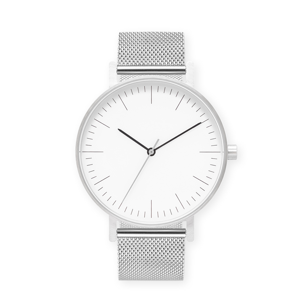 B001 Watch, Silver Case, White Dial, Stainless Steel Mesh Strap