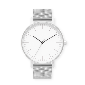 B001 Watch, Silver Case, White Dial, Stainless Steel Mesh Strap - BIJOUONE
