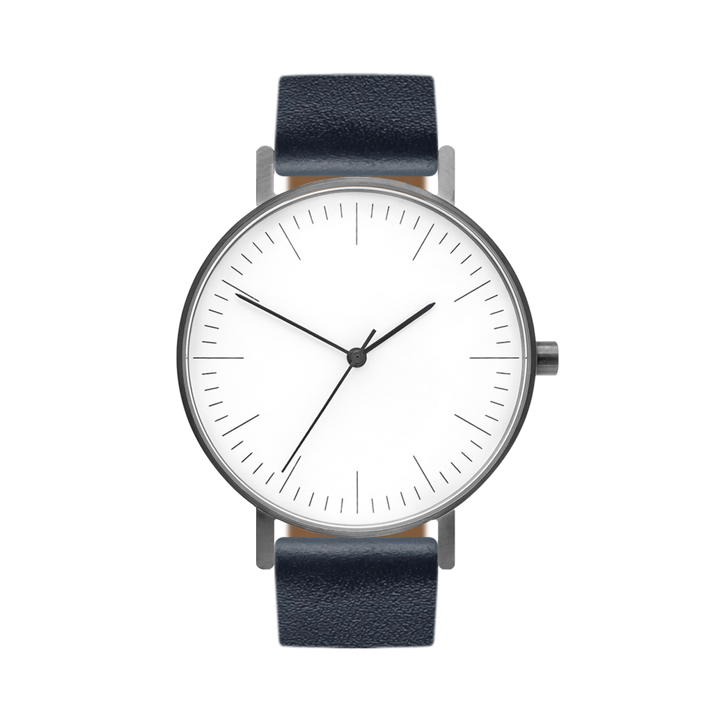 B001 Watch, Gunmetal Case, White Dial, Leather Strap - Navy