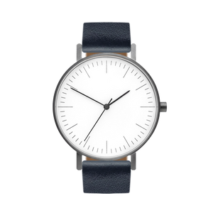 B001 Watch, Gunmetal Case, White Dial, Leather Strap - Navy - BIJOUONE