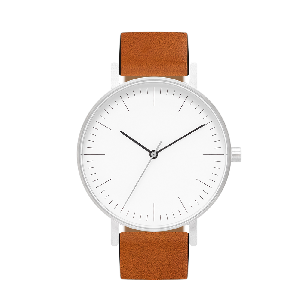 B001 Watch, Silver Case, White Dial, Leather Strap - Tan