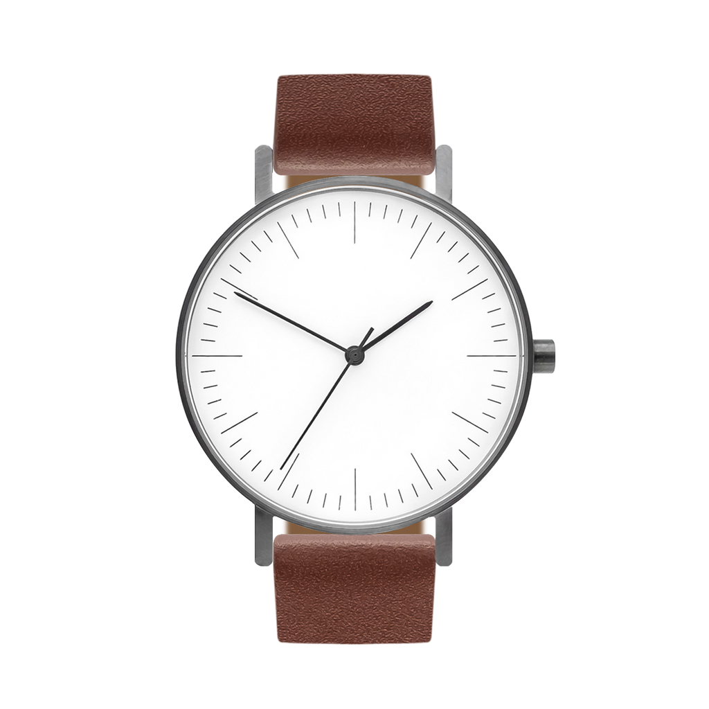 B001 Watch, Gunmetal Case, White Dial, Leather Strap - Coffee
