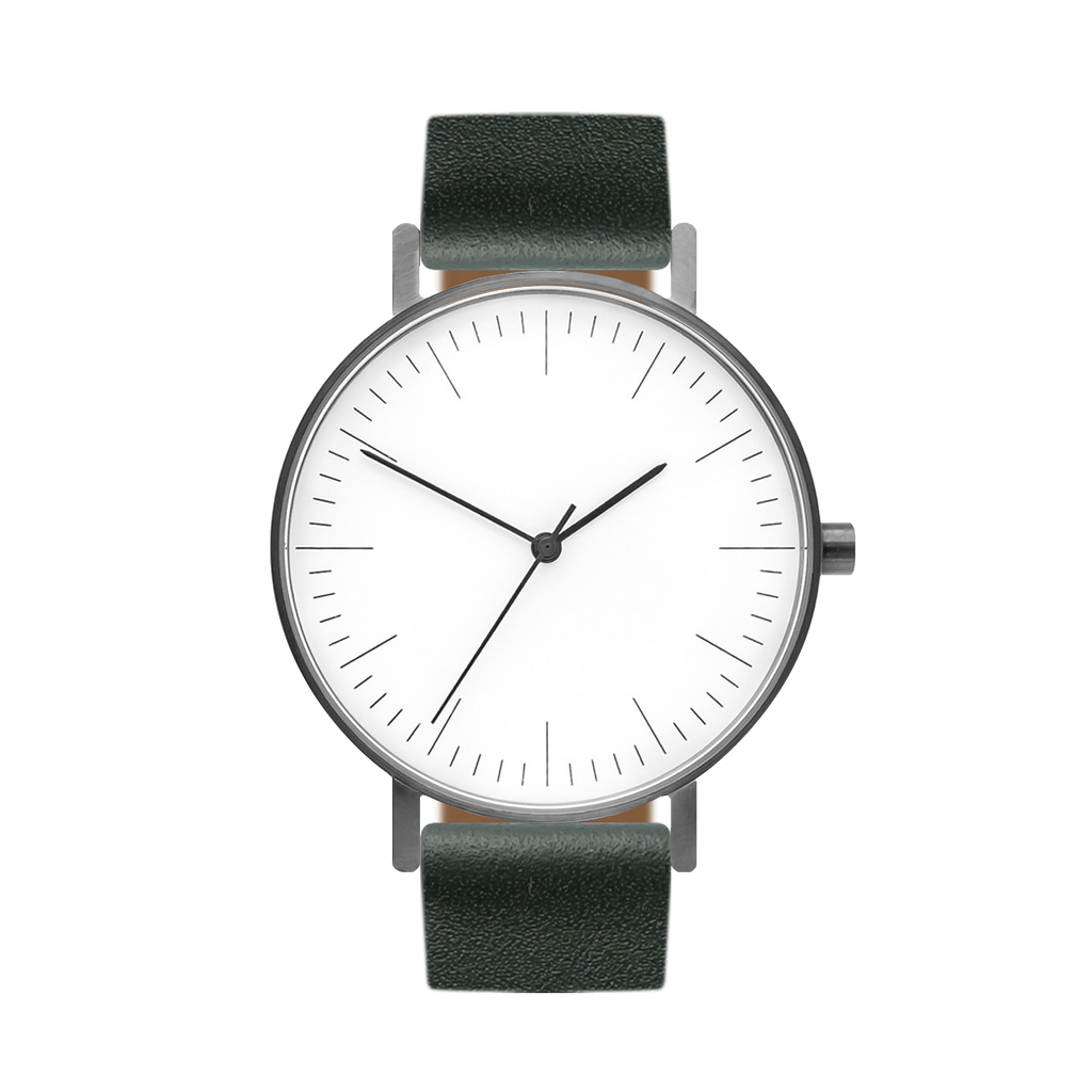 B001 Watch, Gunmetal Case, White Dial, Leather Strap - Green
