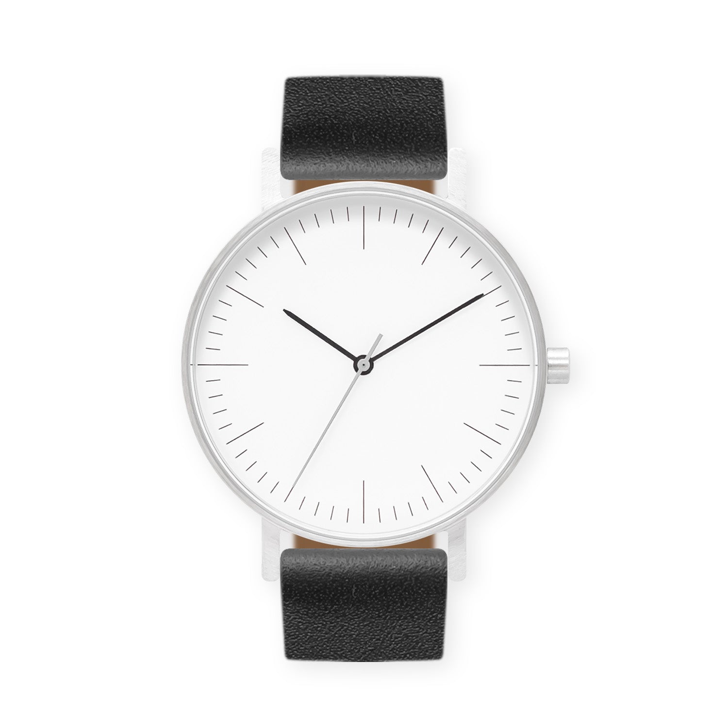 BIJOUONE B001 Watch, Silver Case, White Dial, Leather Strap Black