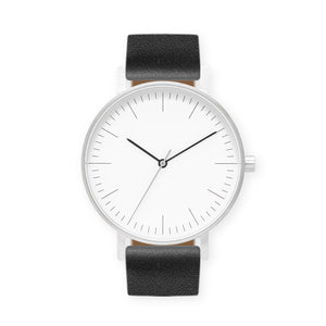 B001 Watch, Silver Case, White Dial, Leather Strap - Black - BIJOUONE