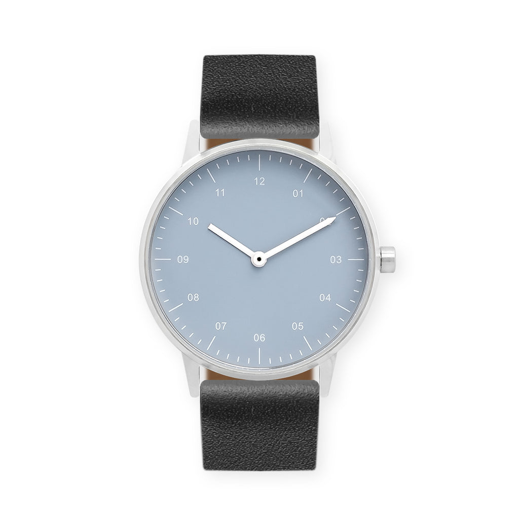 B40 Watch, Silver Case, Dusty Blue Dial, Leather Strap - Black