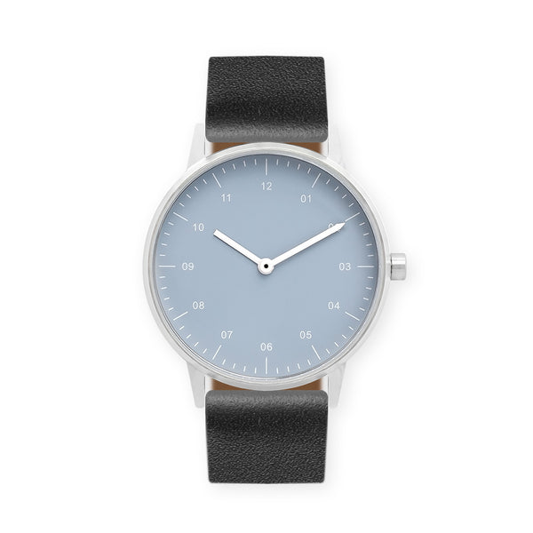 B40 Watch, Silver Case, Dusty Blue Dial, Leather Strap - Black
