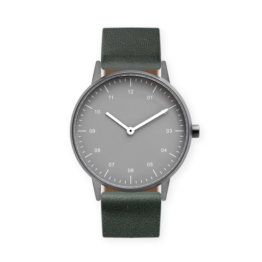B40 Watch, Gunmetal Case, Gray Dial, Leather Strap - Green