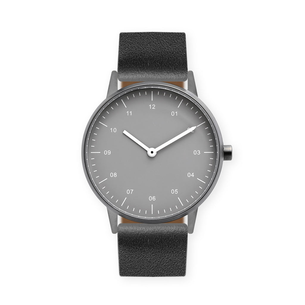 B40 Watch, Gunmetal Case, Gray Dial, Leather Strap - Black