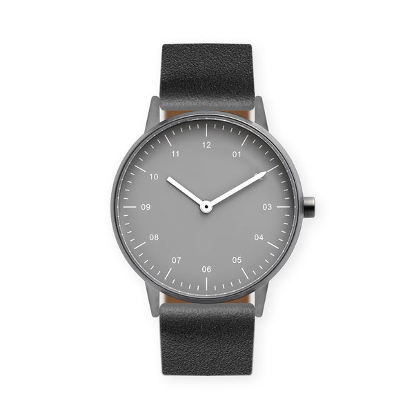 B40 Watch, Gunmetal Case, Gray Dial, Leather Strap - Black