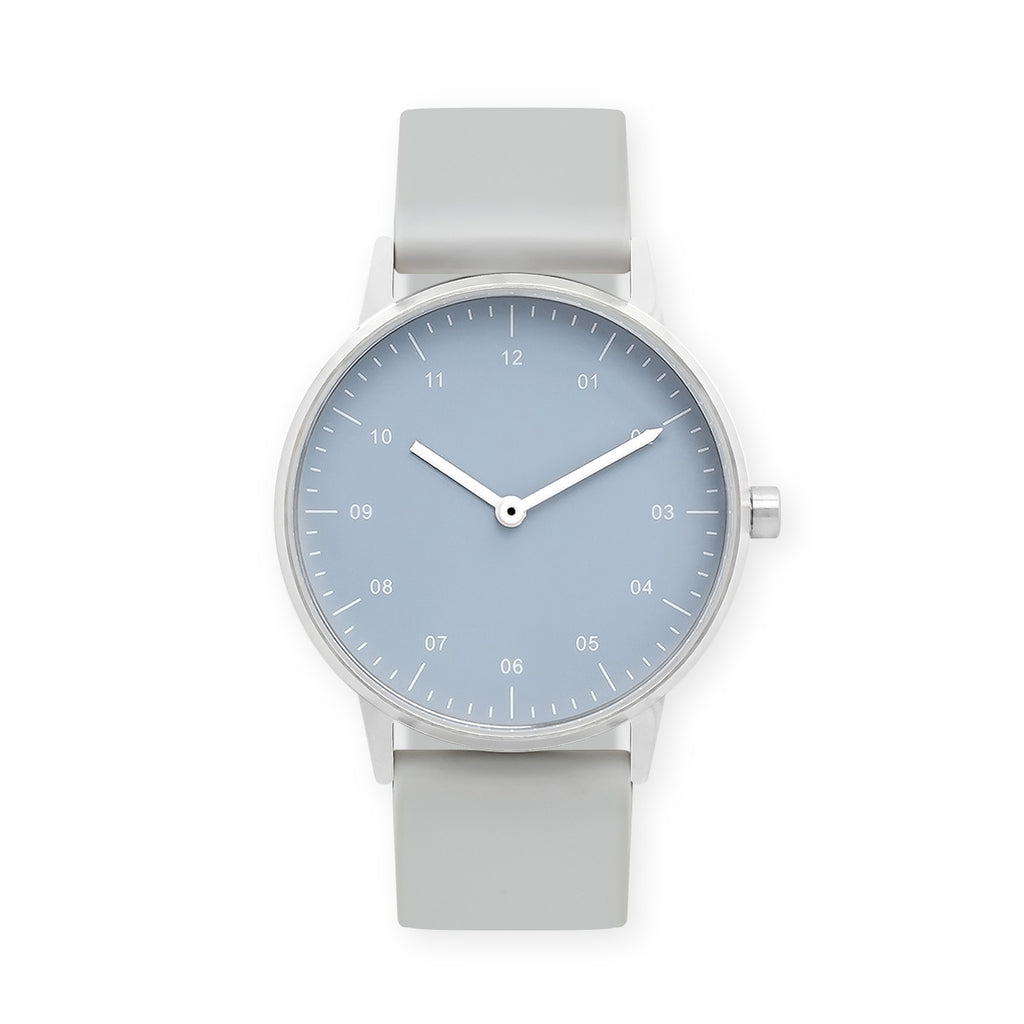 B40 Watch, Silver Case, Dusty Blue Dial, Rubber Strap - Light Gray