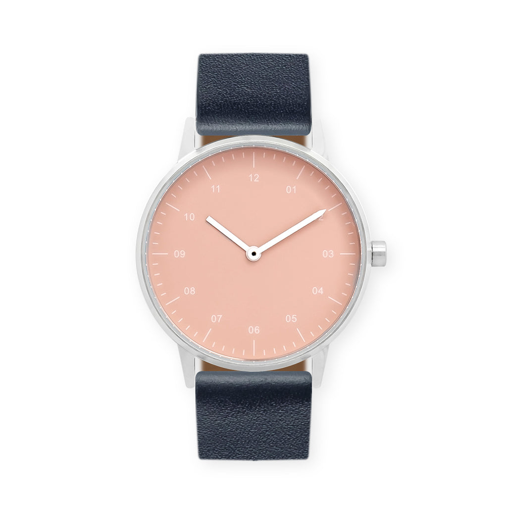 B40 Watch, Silver Case, Nude Pink Dial, Leather Strap - Navy