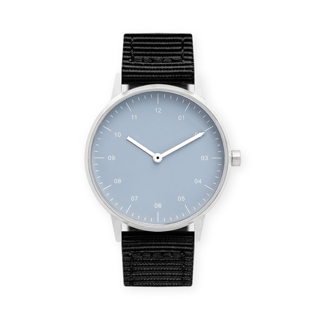 B40 Watch, Silver Case, Dusty Blue Dial, Nylon Strap - Black