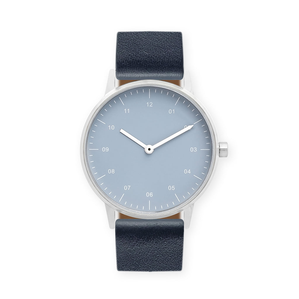 B40 Watch, Silver Case, Dusty Blue Dial, Leather Strap - Navy
