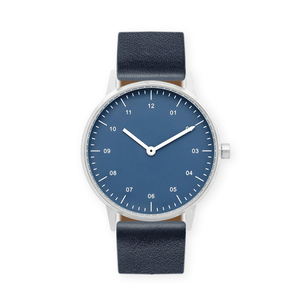 B40 Watch, Silver Case, Classsic Blue Dial, Leather Strap - Navy
