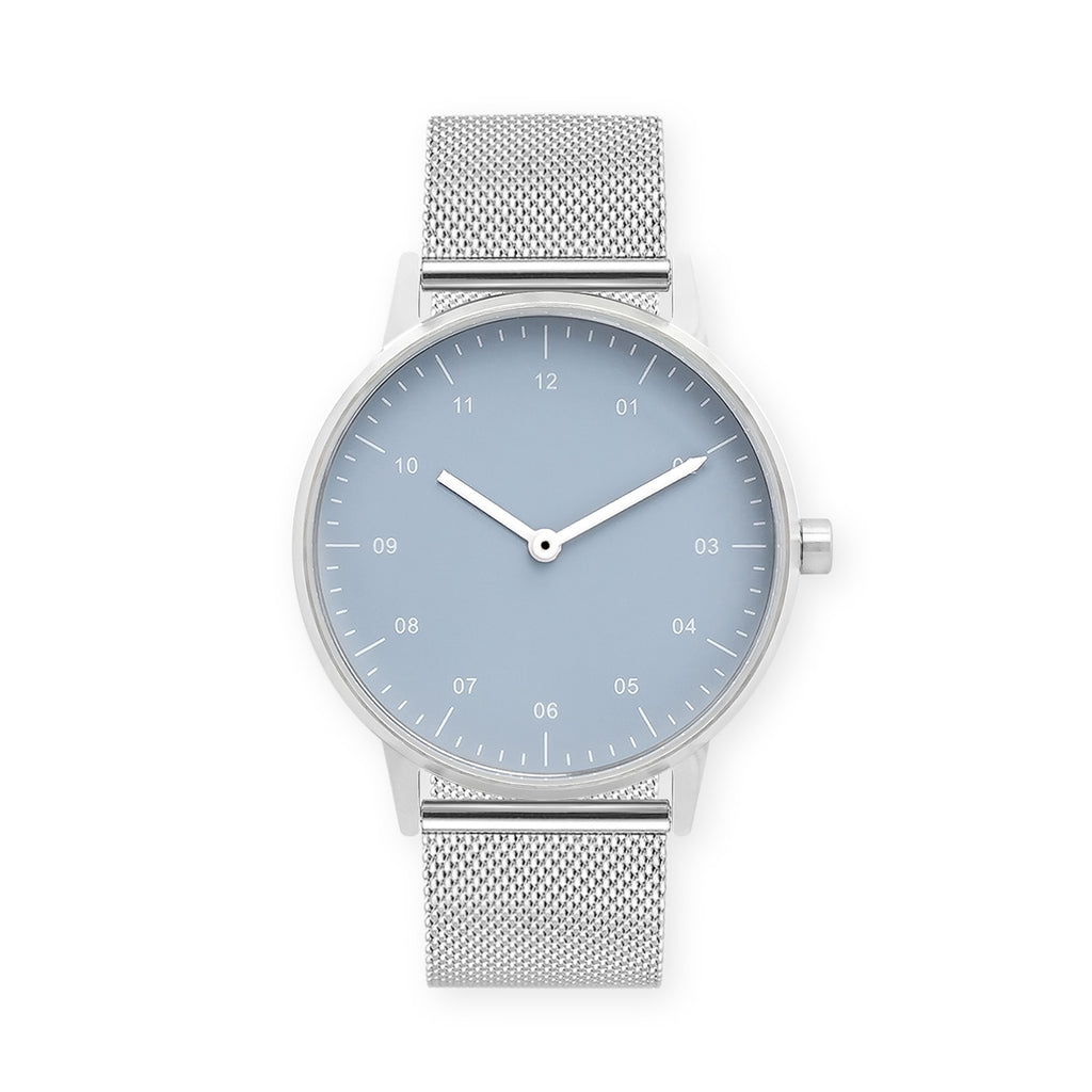B40 Watch, Silver Case, Dusty Blue Dial, Stainless Steel Mesh Strap