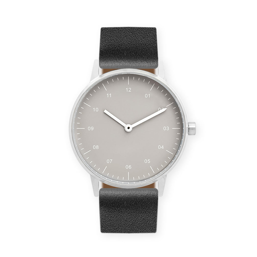 B40 Watch, Silver Case, Beige Dial, Leather Strap - Black