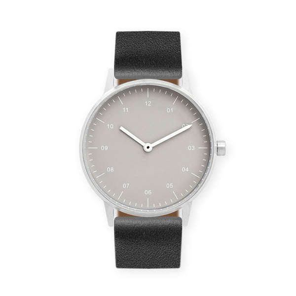 B40 Watch, Silver Case, Beige Dial, Leather Strap - Black