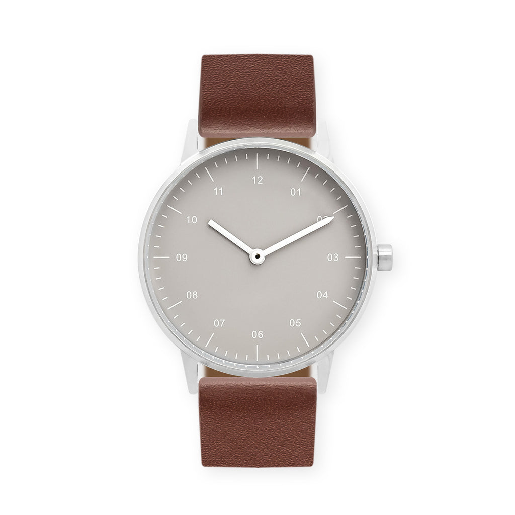 B40 Watch, Silver Case, Beige Dial, Leather Strap - Coffee