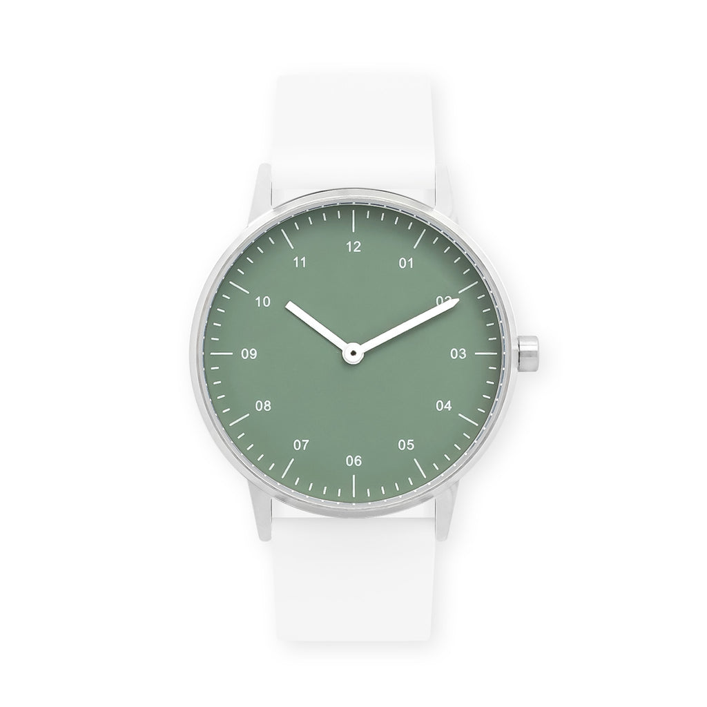 B40 Watch, Silver Case, Green Dial, Rubber Strap - White