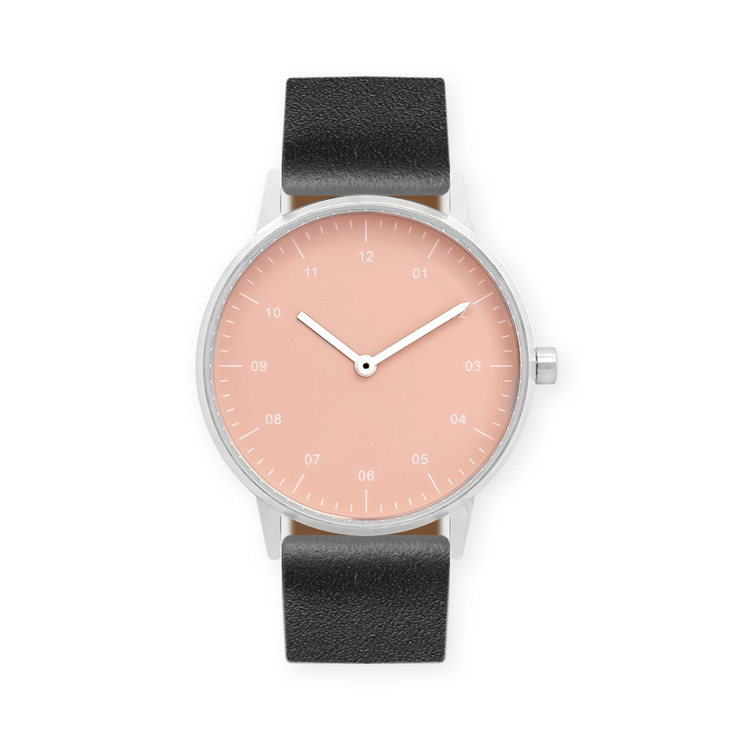 B40 Watch, Silver Case, Nude Pink Dial, Leather Strap - Black