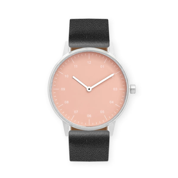 B40 Watch, Silver Case, Nude Pink Dial, Leather Strap - Black