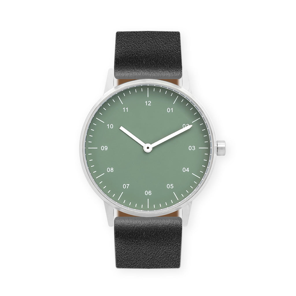 B40 Watch, Silver Case, Green Dial, Leather Strap - Black
