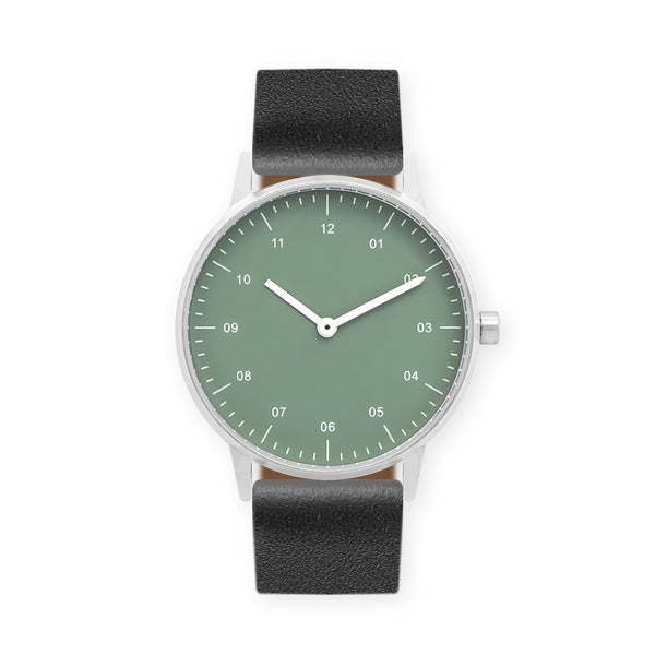 B40 Watch, Silver Case, Green Dial, Leather Strap - Black