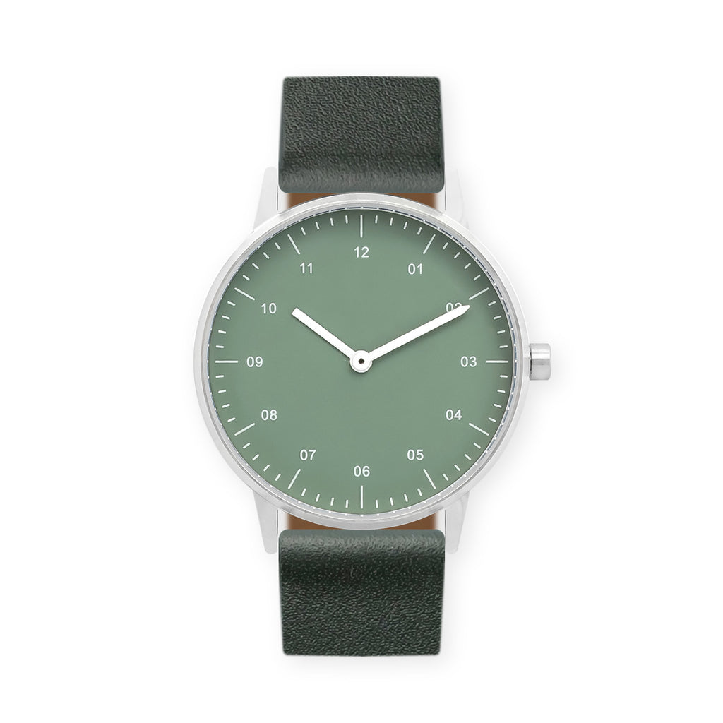 B40 Watch, Silver Case, Green Dial, Leather Strap - Green