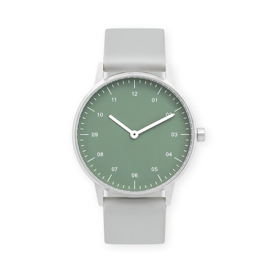 B40 Watch, Silver Case, Green Dial, Rubber Strap - Light Gray