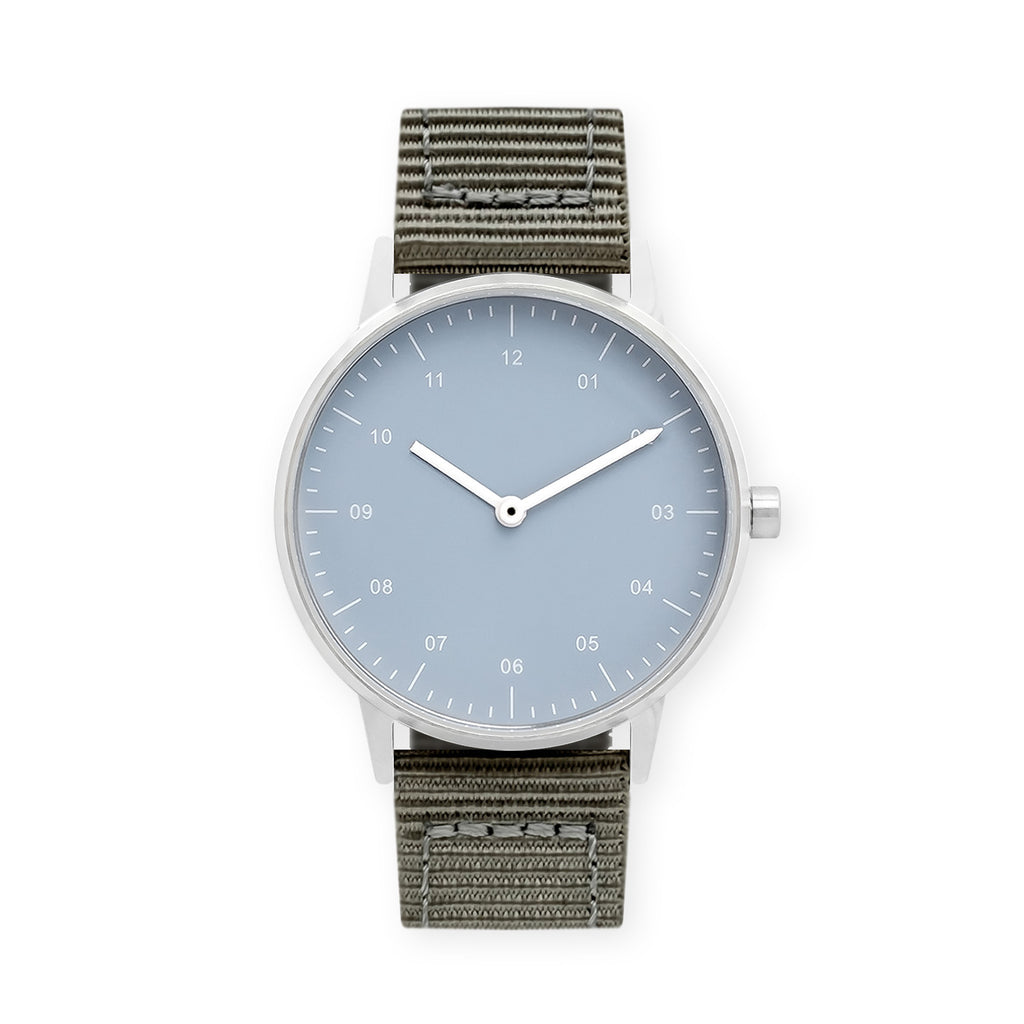 B40 Watch, Silver Case, Dusty Blue Dial, Nylon Strap - Gray