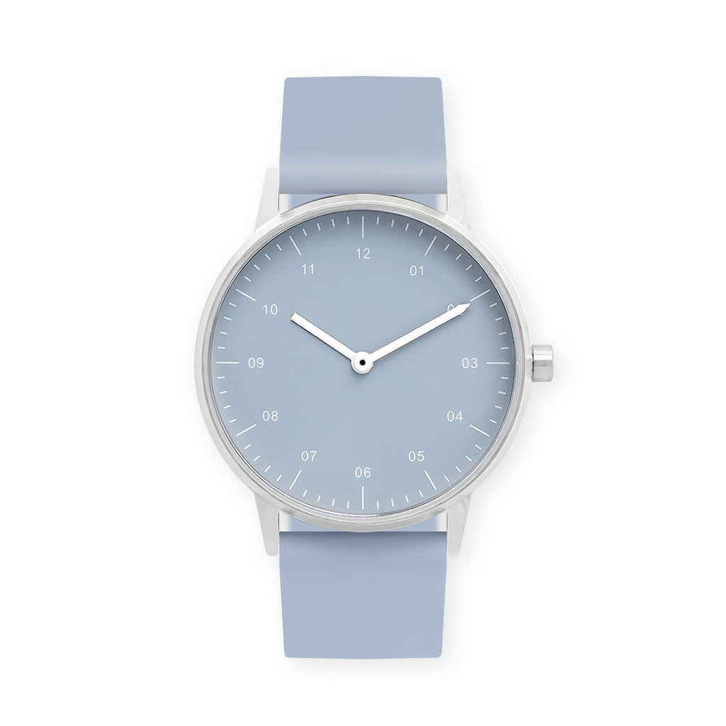 B40 Watch, Silver Case, Dusty Blue Dial, Rubber Strap - Dusty Blue