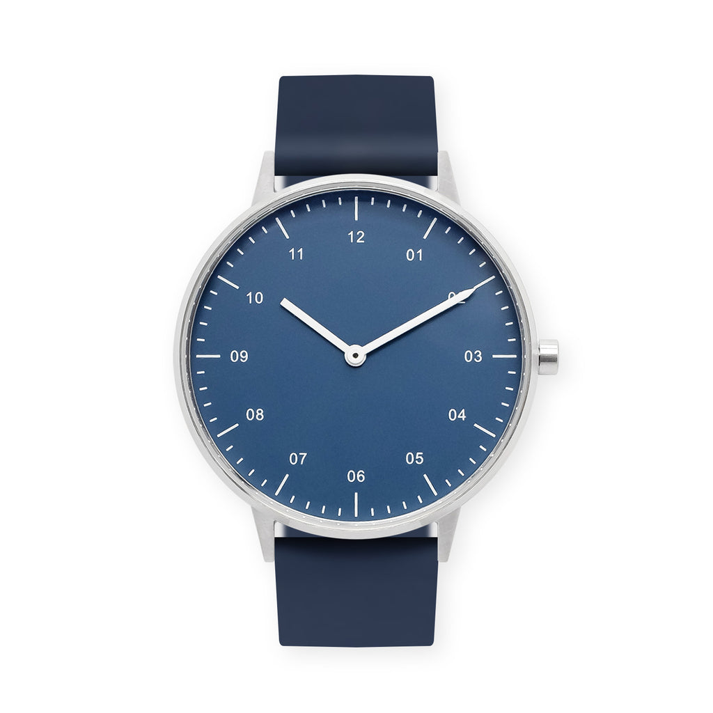 B40 Watch, Silver Case, Classic Blue Dial, Rubber Strap - Midnight Blue