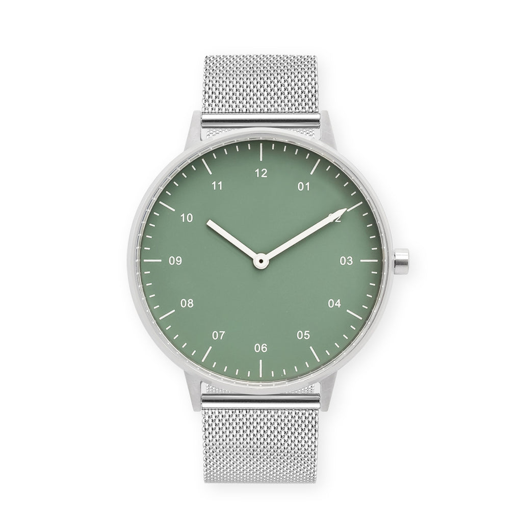 B40 Watch, Silver Case, Green Dial, Stainless Steel Mesh Strap