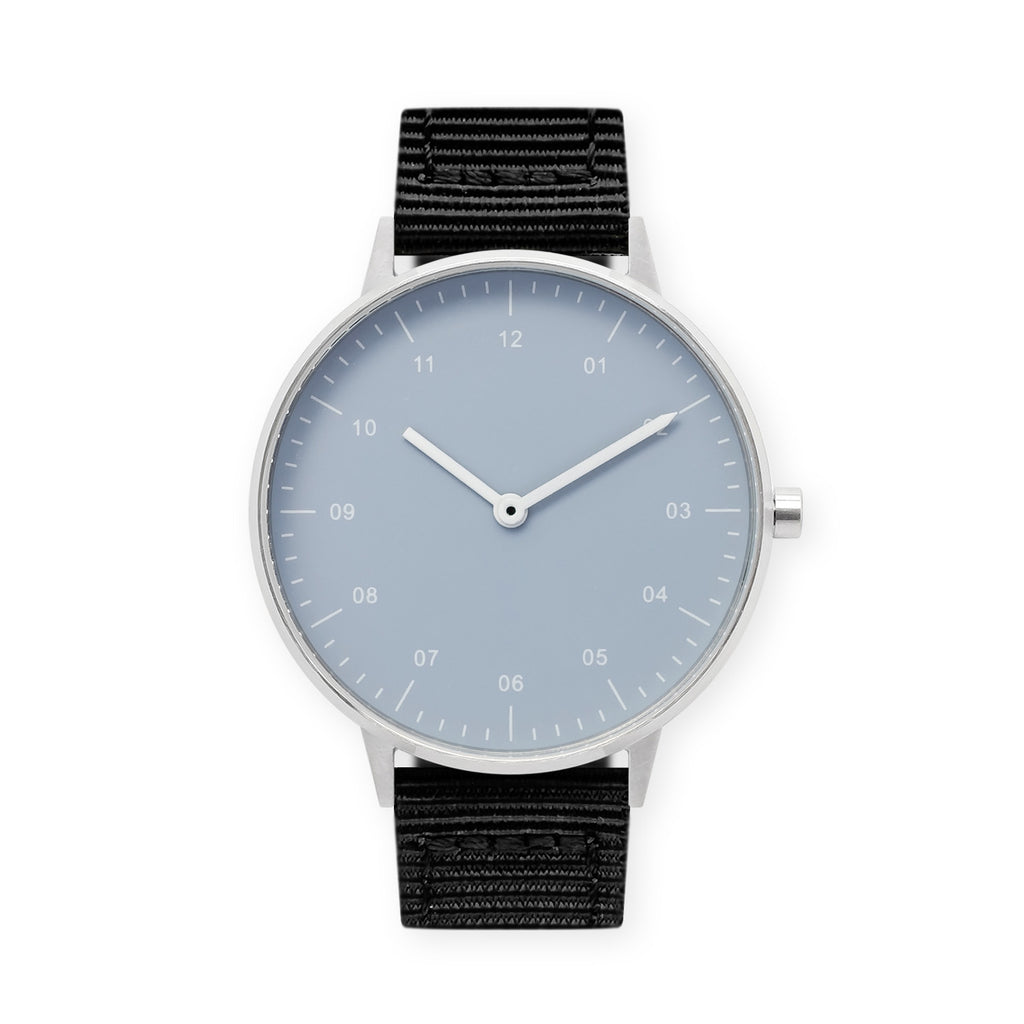B40 Watch, Silver Case, Dusty Blue Dial, Nylon Strap - Black