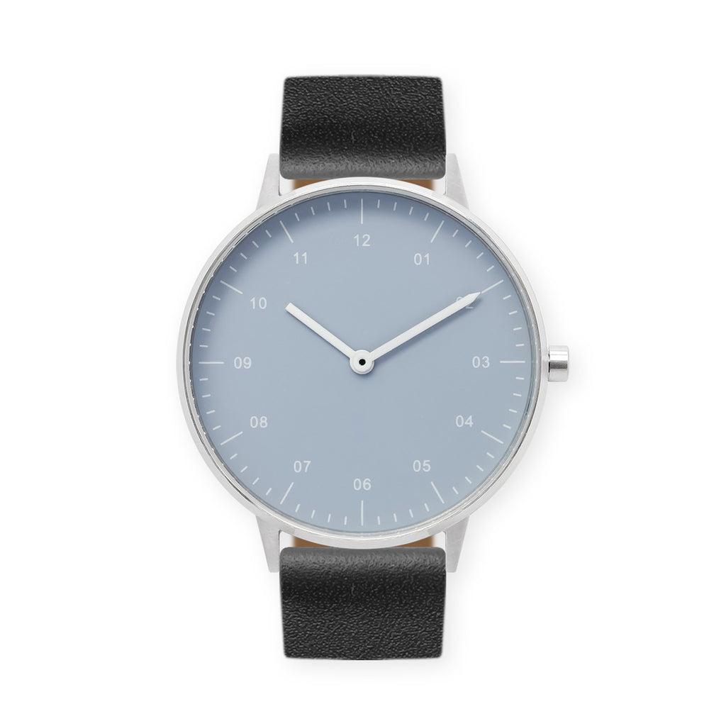 B40 Watch, Silver Case, Dusty Blue Dial, Leather Strap - Black