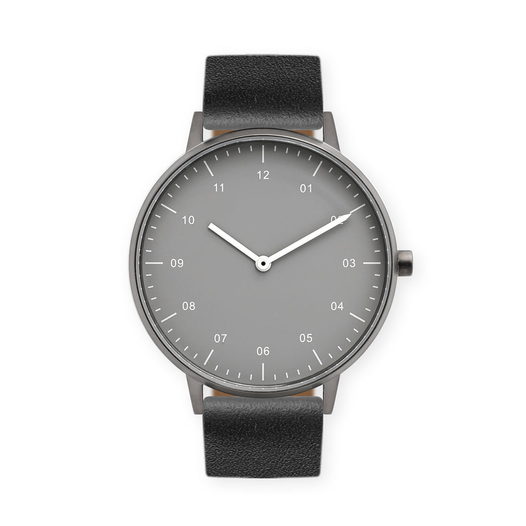 B40 Watch, Gunmetal Case, Gray Dial, Leather Strap - Black