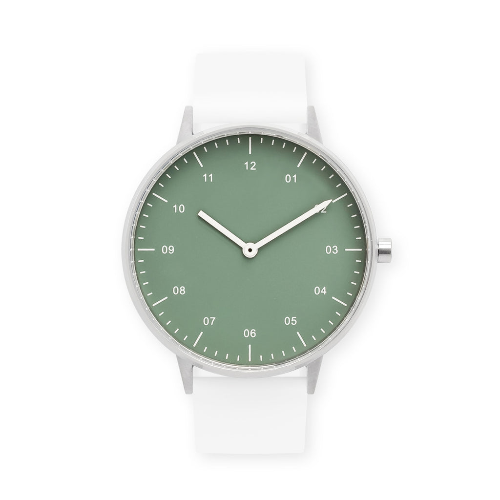 B40 Watch, Silver Case, Green Dial, Rubber Strap - White