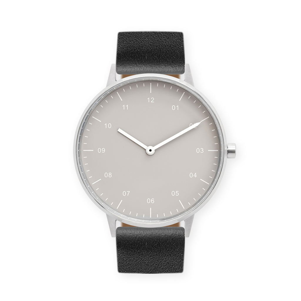 B40 Watch, Silver Case, Beige Dial, Leather Strap - Black