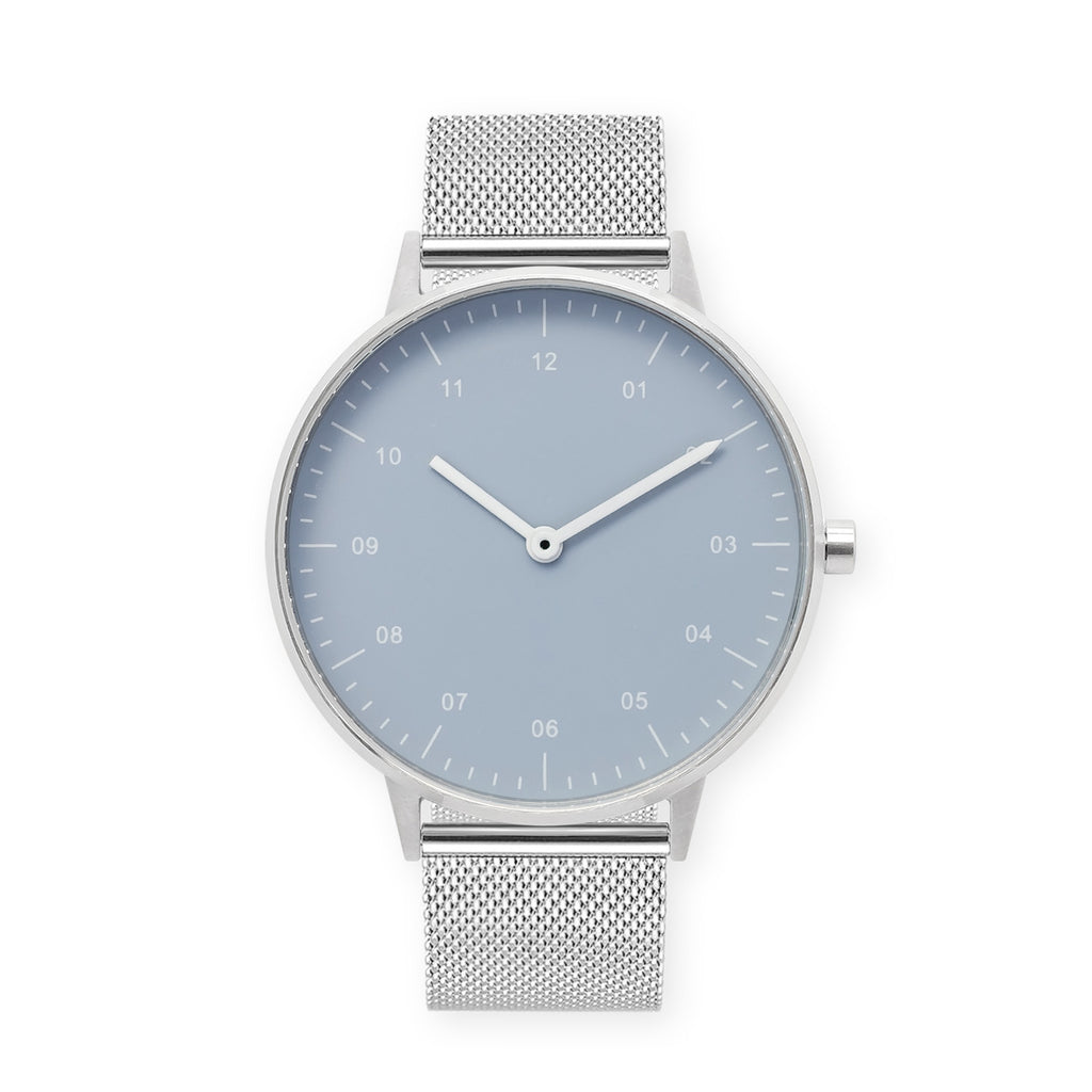 B40 Watch, Silver Case, Dusty Blue Dial, Stainless Steel Mesh Strap