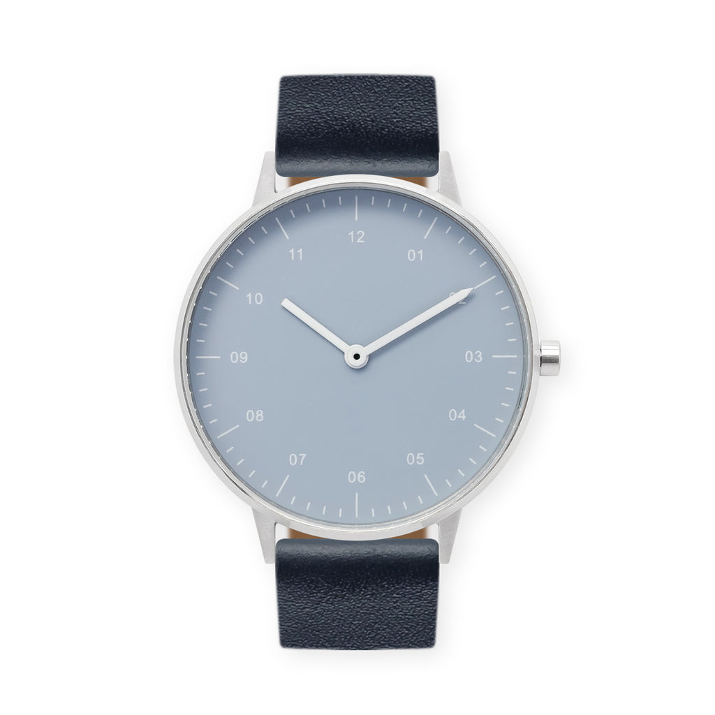 B40 Watch, Silver Case, Dusty Blue Dial, Leather Strap - Navy