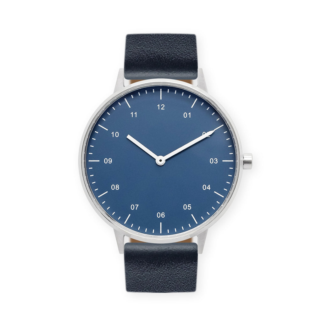 B40 Watch, Silver Case, Classsic Blue Dial, Leather Strap - Navy